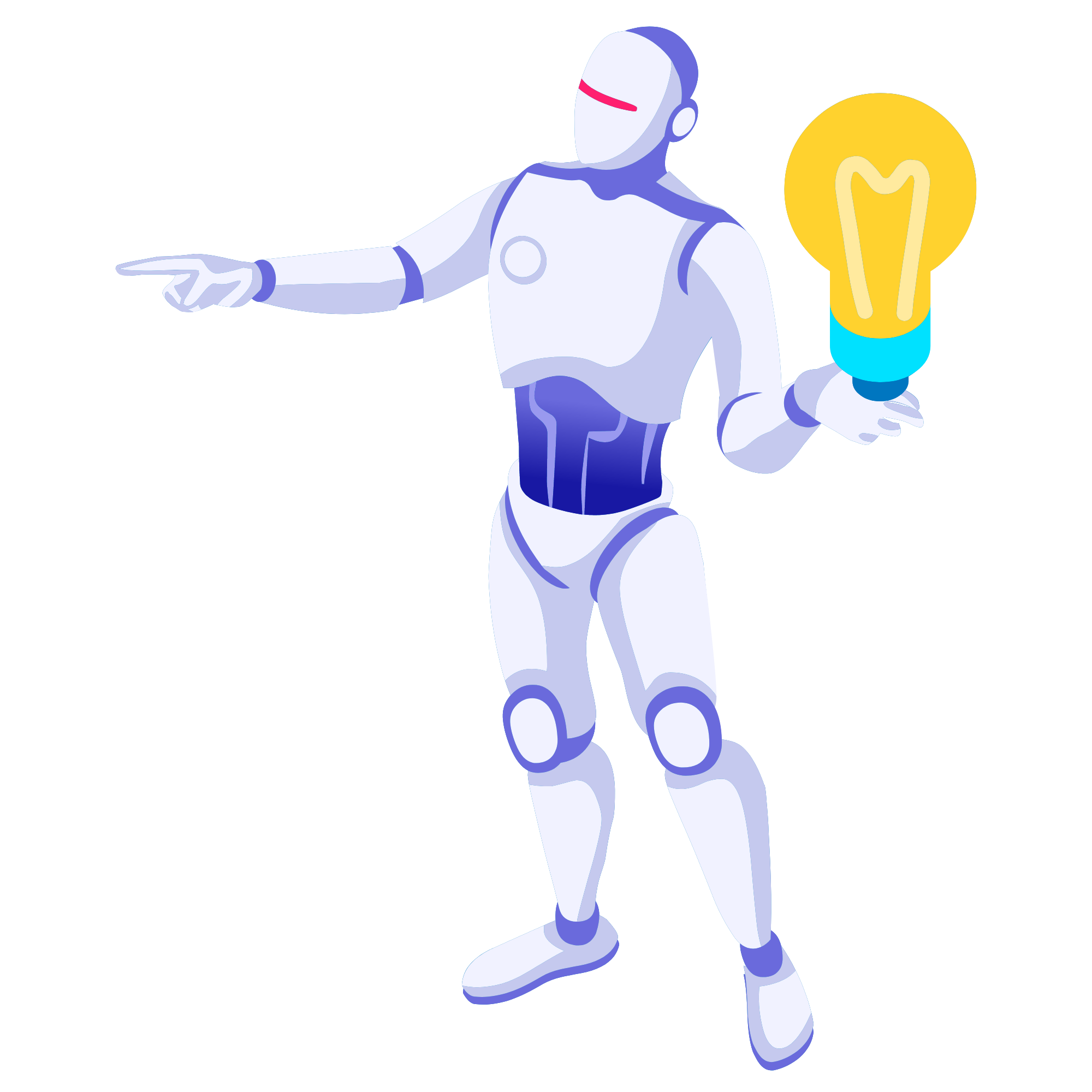 Illustrierter KI Roboter mit Glühbirne in der Hand