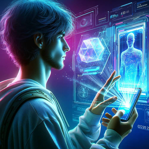 KI Smart Factory: Bild von Mann vor Hologramm Bildschirm